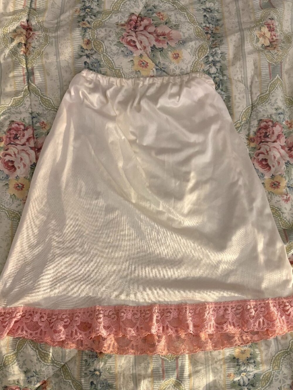 White satin slip skirt with pink lace